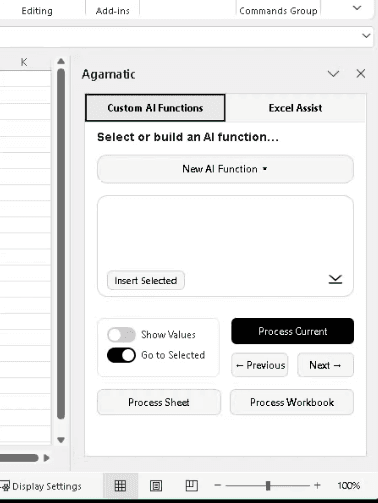 Agamatic for Excel task pane showing custom AI function and workbook processing controls